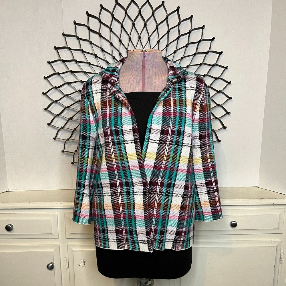 Anthropologie Rosetta 3/4 sleeve Cropped Plaid Knit Jacket With Pockets s/Small